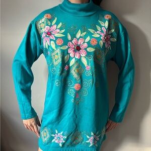 Vintage Grannycore Teal Pink TurtleNeck Granny Cottagecore Sweater Large Tall